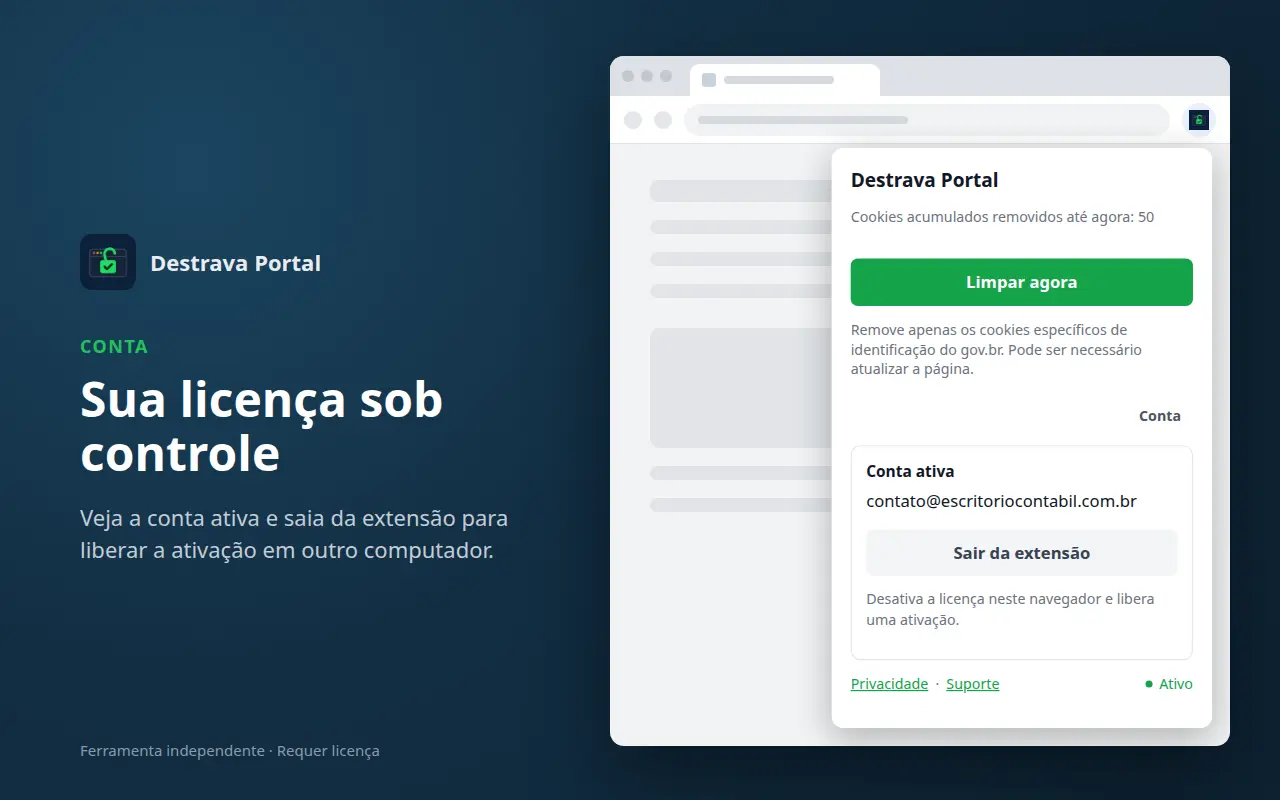 Área Conta com o e-mail da licença ativa e o botão Sair da extensão